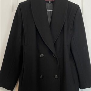 Stephanie Matthew’s Black Double-Breasted Wool blend Pea Coat V-neck 4 buttons